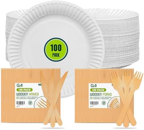 G4GADGET 300Pcs Paper Plates (9 Inch) and Cutlery Set, Party Tableware Including 100 Plates, 100 Wooden Knives, 100 Wooden Forks - Perfect for Birthdays, Weddings, BBQs