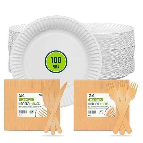 G4GADGET 300Pcs Paper Plates (9 Inch) and Cutlery Set, Party Tableware Including 100 Plates, 100 Wooden Knives, 100 Wooden Forks - Perfect for Birthdays, Weddings, BBQs