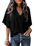 Dokotoo Summer Tops for Women 2026 Chiffon Blouses for Women Dressy Casual V Neck 3/4 Sleeve Length Womens Tops Business Casual Outfits Work Dress Shirts Elegant Flowy Tops Black Shirt XXL