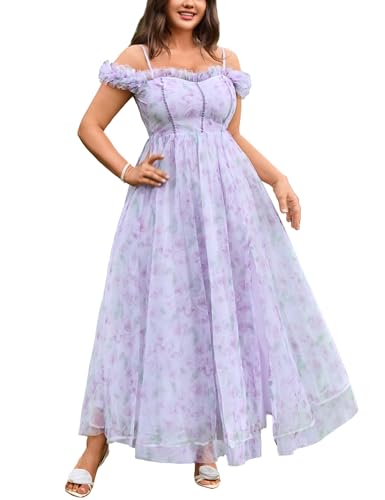 Image of EYWOL Plus Size Formal Wedding Guest Cocktail Party Floral Dress with Slit | Sweetheart, A Line, Midi\Maxi, Tulle, Curvy, Adjustable Straps, Smocked Back, Black Tie, Evening, Gown, Gala, Prom