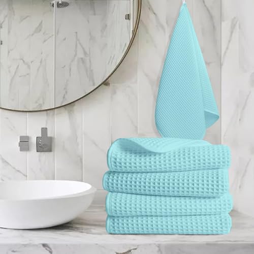 Image of Pure Cotton Waffle Towel | Lightweight | Anti-Microbial and Water Absorbent | Soft Touch Quick Drying Hand Towels (Aqua, Pack of 4)
