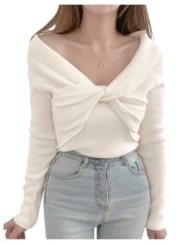 SweatyRocks Women's Criss Cross Twisted Sweater V Neck Knit Long Sleeve Sweaters Fall Winter Trendy Outfits Beige Medium