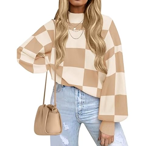 ZESICA Women's 2024 Fall Fashion Turtleneck Long Sleeve Striped Ribbed Knit Loose Pullover Sweater Tops,KhakiPlaid,Small Cover