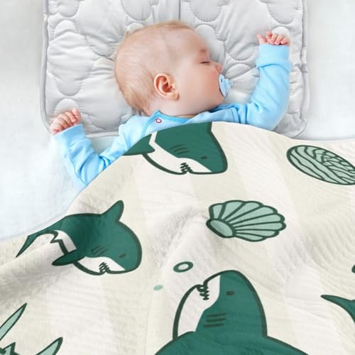 Custom Ocean Animal Fish Shark Green Beige Cotton Blanket Soft Personal Bunny Blankets for Kids for Newborns, Infants, & Toddlers 30x40in mantitas para4