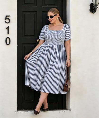 Image of RITERA Plus Size Dresses for Curvy Women Square Neck Short Sleeve Summer Floral Smocked Maxi Dress with Pocket XL-5XL