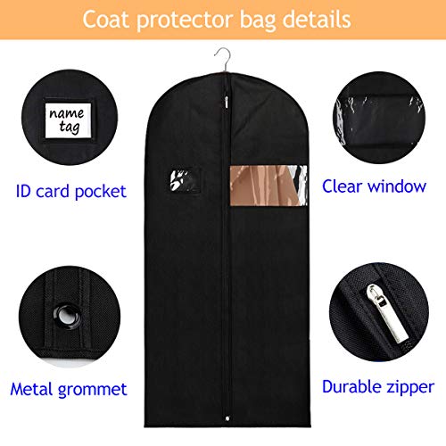 KEEGH Hanging Garment Bags for Storage Coat Covers Closet Dress Gown 60 Inch Black Cloth Garment Bag with Zipper and Clear Window (Set of 6)