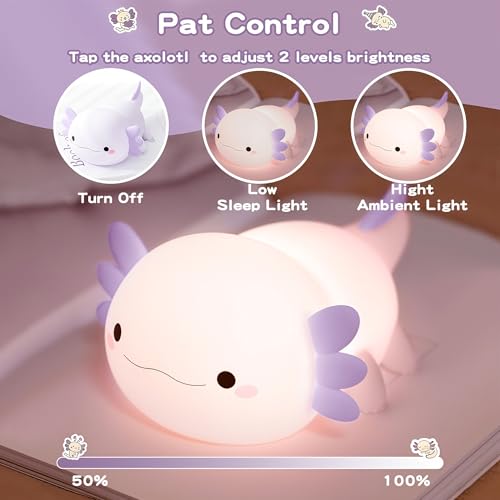 Image of FAMIDUO Purple Axolotl Night Light for Kids,LED Squishy Bedside Touch Lamp | BPA-Free Soft Silicone,Dimmable,20Min Timer,Rechargeable Nursery Light, Girls Room Decor,Cute Gifts for Mom Baby Toddler
