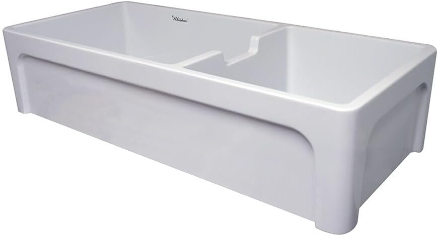 Farmhaus Fireclay Large Reversible Sink and Small Bowl with an Elegant Beveled Front Apron on One Side and a Decorative Lip on the Opposite Side