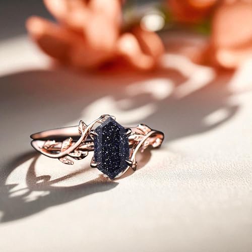 Blue Sandstone Ring – 14K Rose Gold Vintage Leaf Ring – Hexagon Cut Galaxy Stone Band – Handmade Fantasy Engagement Gift for Women4