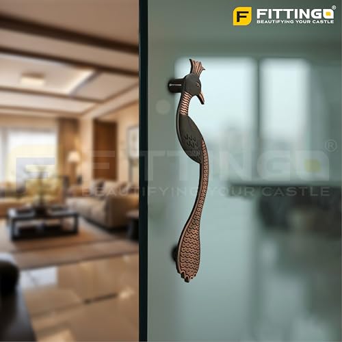 Image of Peacock Design Main Door Handle 10 Inch|Copper Antique Finish Pull Handle| Zinc Alloy Handle for Wooden & Glass Doors |Home, Office & Hotels | Hole-to-Hole 200mm | 3 Years Warranty | Set of 1
