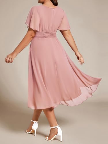 Image of Ever-Pretty Women's Plus Size Formal Wedding Guest Dresses for Curvy Women A Line Chiffon Midi High Low Cocktail Dress