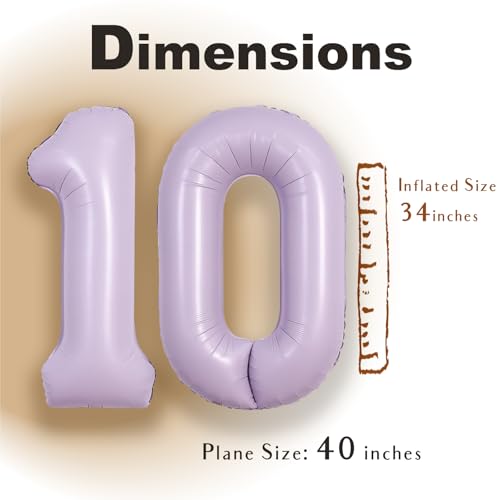 Image of SUWEN 40 Inch Light Purple Large 10 Balloon Number Big Foil Helium Lavender Number Balloons Huge Mylar 0-9 Giant Jumbo Happy 10th Birthday Party Anniversary Decorations