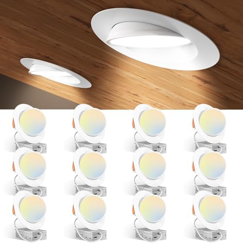Amico 12 Pack 6 Inch 5CCT Gimbal LED Recessed Ceiling Light, 360°&90° Adjustable Eyeball Directional Can Lights, Dimmable Retrofit Wafer Downlight with Jbox, 12W 1200LM CRI90+, White, ETL&FCC
