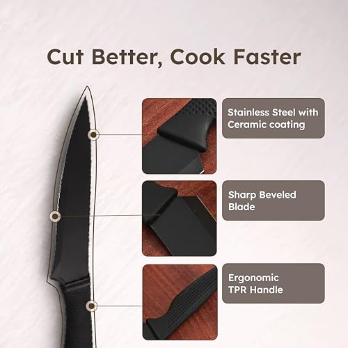 Image of Homero 7 Piece Kitchen Knife Set - 5 Knives Set, 1 Scissor & 1 Knife Holder, Premium Stainless Steel, Non-Stick Knife Set for Kitchen with Stand for Cooking, Cutting, Slicing use