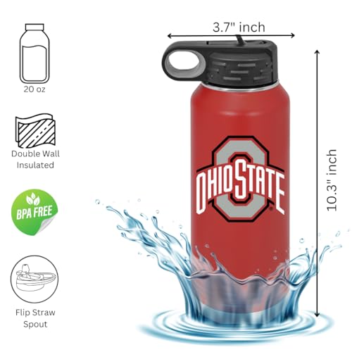 Ohio State University 32oz Stainless Steel Double Walled Red Beverage Bottle with Flip Straw Spout- College Gear for Playoff Season &ndash; For Office, Home or Auto &ndash; Show your Buckeye Pride