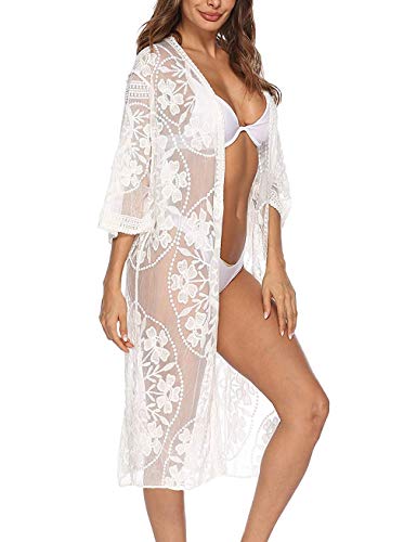 Women’S Bathing Suit Kimono Beach Cover Up Lace Crochet Pool Swimwear - Thumbnail 5