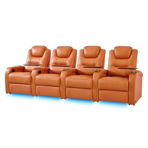 comfiroom Leather Home Theater Seating, Simple Style Dual Power Electric Headrest Game Seats Leather Movie Theater Chairs Recliner Sofa with Type-C USB Charger (Orange, Row of 4)