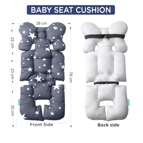 Image of Motherly Baby Stroller Seat Cushion | Reversible and Universal Fit Pad for Strollers, High Chairs, Car Seats & Rockers | Soft, Breathable Pram Liner with Secure Straps & Safety Belt Slot
