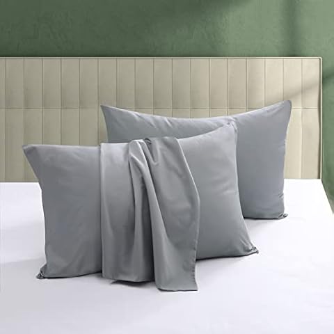 100% Egyptian Cotton Queen Pillow Protectors Set of 2,600 Thread Count Sateen Weave Gray Pillowcase, Easy Care Zippered Style Pillow Covers(2 Pack,Gray Cover