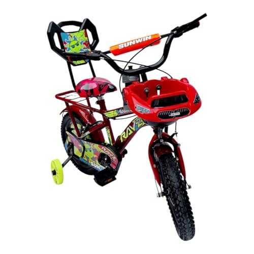 Image of Rayz 14 Inch Kids Bicycle for 2-5 Years Boys & Girls with Training Wheels, Car Basket, Backrest, Water Bottle, Tubeless Tyres & Steel Mudguard - Red