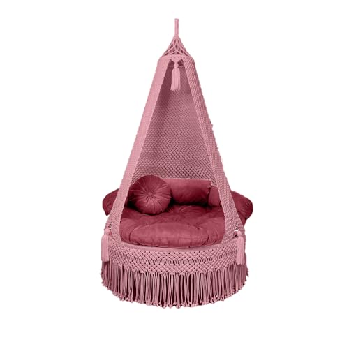 Image of KAAHIRA Bohemian Macrame Hanging Swing Chair- Aesthetic Cotton Rope Hammock for Indoor & Outdoor - Patio, Balcony, Bedroom, Living Room, Garden-Kids, Adults & Pets - Boho Decor (Pink)