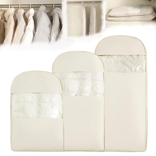 3PCS Space Saving Hangable Garment Bag with Self Compression Zipper - Organizer for Closet (Beige,S+M+L)