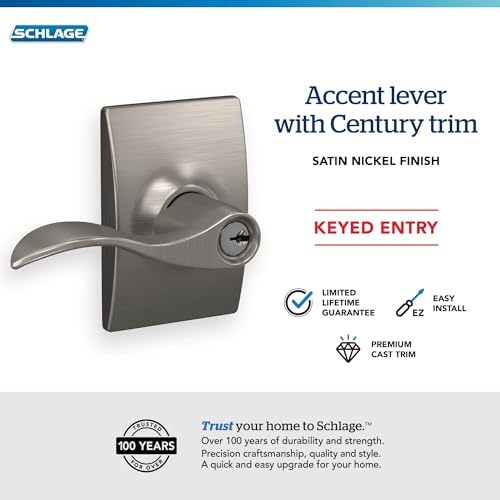 Image of SCHLAGE Accent Lever with Century Trim Keyed Entry Lock in Satin Nickel - F51A ACC 619 CEN