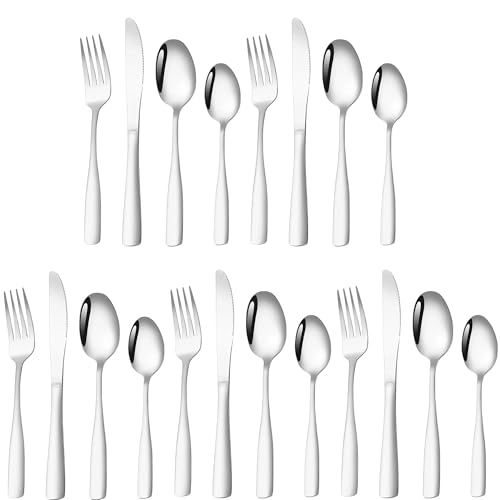 Image of aDai Sterling Silver Silverware Set, Satin Finish | 20-Piece Stainless Steel Flatware Set | Dishwasher Safe Kitchen Cutlery for Home, Restaurant & Gifting