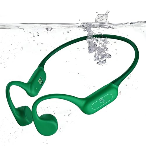 Roujune Bone Conduction Headphones IPX8 Waterproof Swimming Headphones Open Ear Headphones with MP3 Mode 32GB Memory 8H Playtime Bluetooth 5.4 Ear Buds Secure Fit for Running (Green)