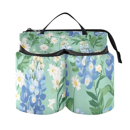 Image of Luggage Cup Holder for Suitcases Free Hands Suitcase Cup Holder Travel Luggage Drink Holder Portable Luggage Cup Caddy Bag Carrier with Handle Mint Green Bluebonnet and Daisies