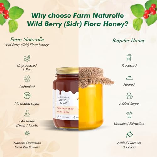 Image of Farm Naturelle Berry Honey 1.45kg with Extra Honey and Wooden Spoon | 100% Pure Raw Honey in Glass Bottle