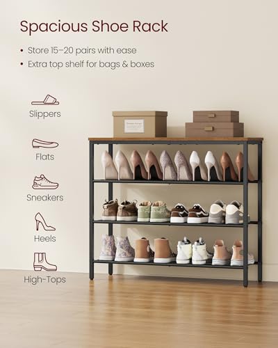 Image of VASAGLE 4-Tier Shoe Rack, Large Shoe Storage Organizer for Closet, Entryway, 15-20 Pairs, with 3 Metal Mesh Shelves, 10.8 x 29.5 x 28.5 Inches, Rustic Brown and Black ULBS114KD01