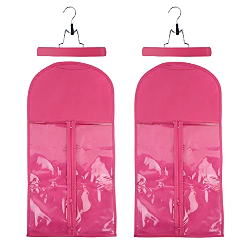 2 Pcs Wig Hair Extensions Storage Bag with Wooden Hanger - Portable Dust-proof Wig Bags (Pink), 24 inches