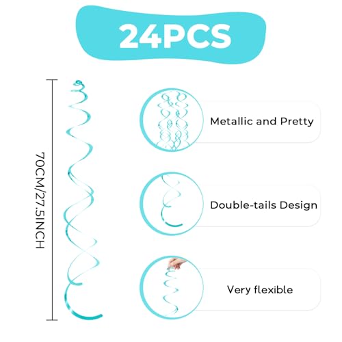Image of 24 PCS Teal Hanging Swirl, Sparkle Ceiling Hanging Decorations, Plastic Streamer Party Decorations with Double-Swirls and Single-Swirls for Birthday Decorations, Graduation, Easter, Baby Shower