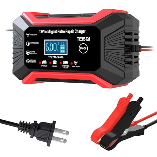 TEISQI Car Battery Charger, 12V 6A Smart Battery Trickle Charger Automotive 12V Battery Maintainer Desulfator with Temperature Compensation for Car Motorcycle Mower Marine Lead Acid Batteries (red)