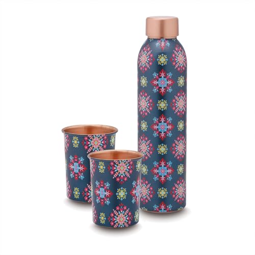 Image of Classic Steels Elegant Ethnic Green Copper Water Bottle Set with 2 Glasses - 1L Capacity | Best Gift For Diwali, Wedding Anniversary And All Other Occasions. (Blue Ethnic Copper Bottle Set)