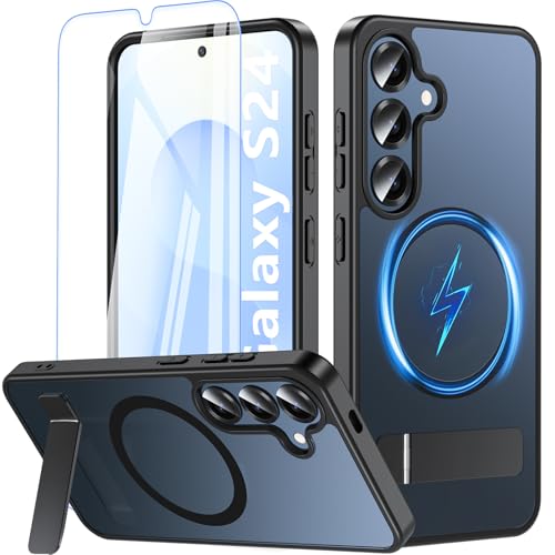 für Samsung Galaxy S24 Hülle mit Ständer+Panzerglas-Magnetische Handyhülle TOP Militärschutz S24 Case mit Flachständer für MagSafe Stoßfest Kratzfest Schutzhülle Galaxy S24 mit Kameraschutz-Schwarz