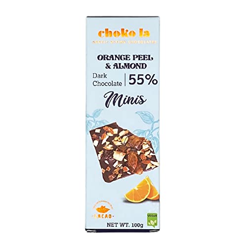 Image of Chokola 55% Dark Chocolate Almond & Orange Peel Minis - Rich Cocoa with Crunchy Almond & Orange - 100g |Gluten-Free | Gourmet Chocolate Bites