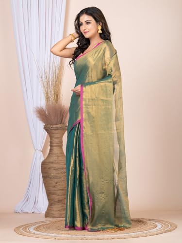 Image of Women's Tissue Cotton Saree | Plain Lightweight Tassel Pallu Saree with Blouse