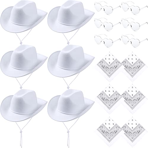 Image of Coume 6 Sets Cowboy Hat with Heart Sunglasses and Paisley Bandanas Western Cowgirl Hat for Cosplay Costume Adults(Pink,White)