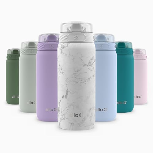 Image of Ello Cooper 18oz Stainless Steel Water Bottle with Straw and Carry Handle, Double Walled and Vacuum Insulated Metal, Leak Proof Locking Lid with Soft Silicone Spout, Reusable, BPA Free, White Marble