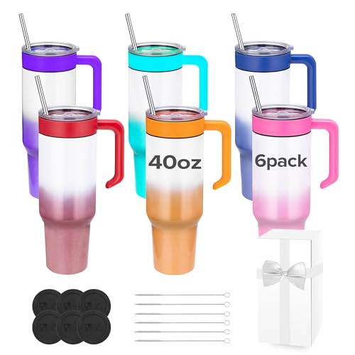 FASTSUB 40 oz Sublimation Tumbler with Handle Lid-Handle and Straw Glitter Cup Sparkly Double Wall Vacuum Insulated Travel Mug Personalized Gifts for Tumbler Heat Press Multicolored 6 Pack