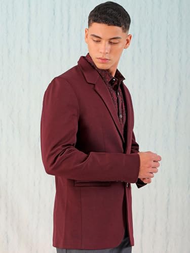 Image of The Indian Garage Co Men Comfort Straight Fit Solid Stretchable Single Breated Knitted Blazers