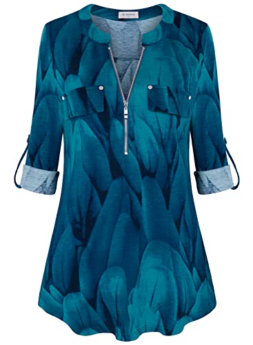Image of Bulotus 3 /4 Length Sleeve Womens Striped Tops Zipper V Neck Collared Blouses Business Casual Tunics 2026 Spring Trendy