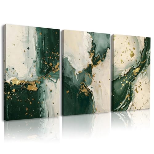 3pcs Emerald Green Wall Decor Living Room,Modern Green and Gold Marble Abstract Canvas Wall Art Painting Prints,Minimalist Framed Wall Art for Bedroom Office Home Decoration,Ready To Hang,12x16in