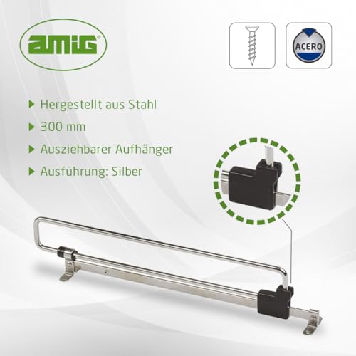 Amig - Ausziehbare Kleiderstange | Stahl | Maße: 300 mm | Silber | Ausziehbarer Kleiderbügel Ideal für Schränke oder Umkleidekabinen