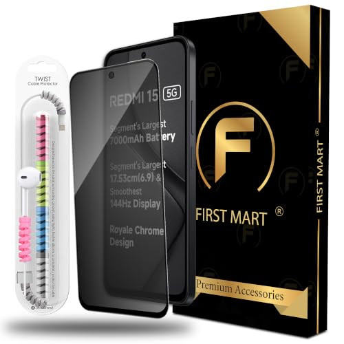 Image of FIRST MART Privacy Tempered Glass for Redmi 15 & Poco M7 Plus with Cable Guard & Installation Kit | Anti-Spy 9H Screen Protector, Edge-to-Edge, Case-Friendly | Black