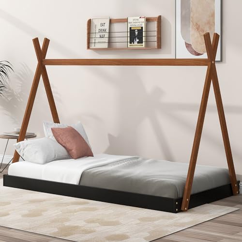 HiHomely Twin Size Tent Floor Bed with Sturdy Triangle Structure Black Brown Kids Teens Bedroom, Minimalist Design, Easy Assembly (Black + Brown)