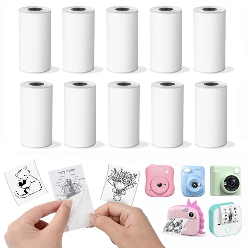 T02 Mini Aufkleber Druckerpapier für Kinder Sofortbildkameras Kompatibel mit GREENKINDER/HiMont/Hangrui/Gofunly/ORGSTA S002/M02 Pro/M02X Mini Thermodrucker Klebend Etikettenpapier, Weiß, 10 Rollen