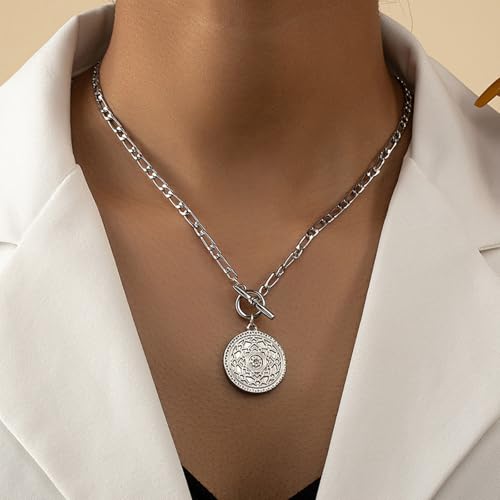 Punk Medallion Necklace for Women Gold Large Coin Pendant Necklace Silver OT Medallion Choker Necklace Sparkly Coin Toggle Clasp Chunky Necklace Costume Prom Jewelry Accessories (silver)2
